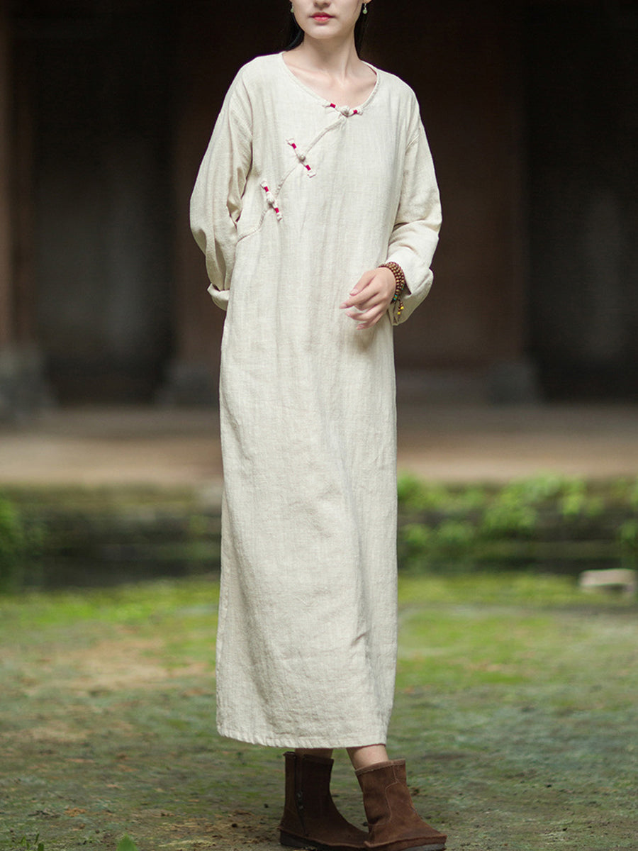 Women Autumn Vintage Pure Color O-Neck Ramie Cotton Dress