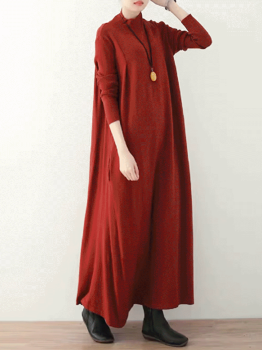 Women Autumn Casual Pure Color Half-Turtleneck Dress