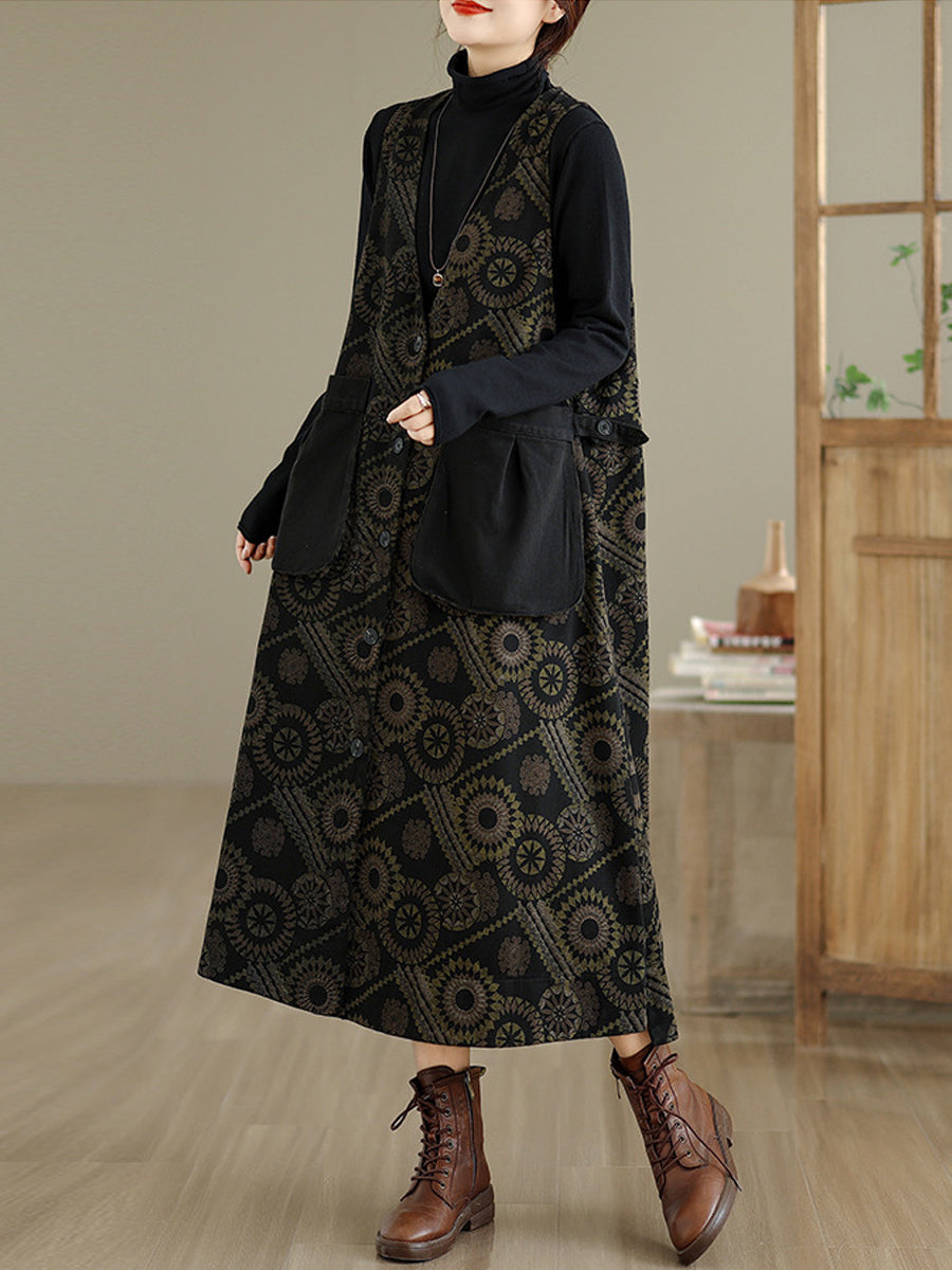 Women Autumn Retro Flower Spliced Denim V-Neck Vest Dress