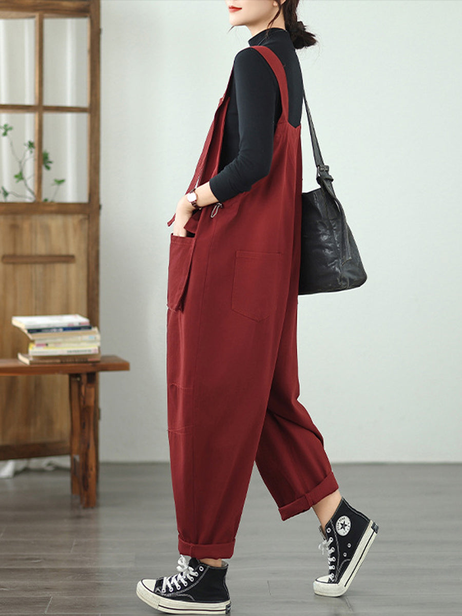 Women Autumn Casual Pure Color Denim Jumpsuits