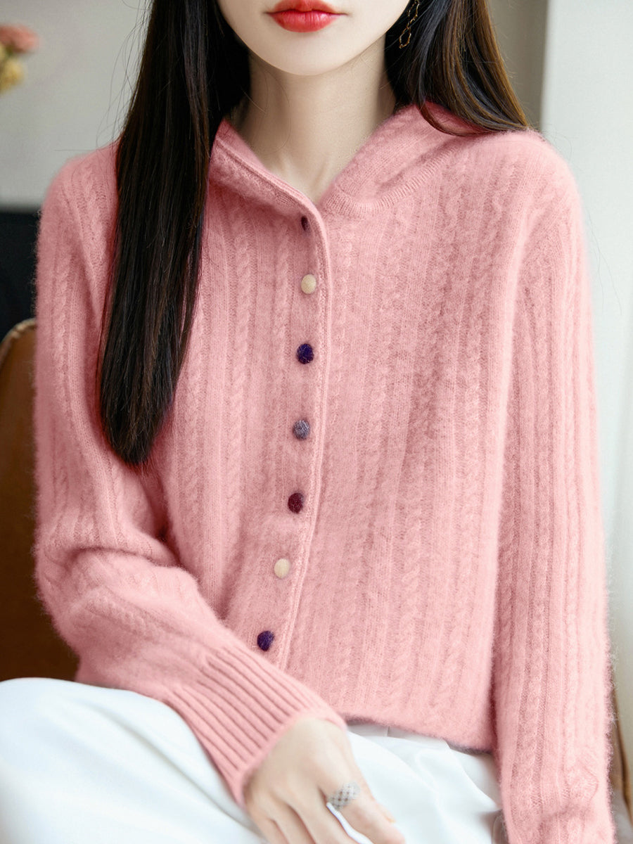 Women Autumn Casual Pure Color Wool Hooded Sweater