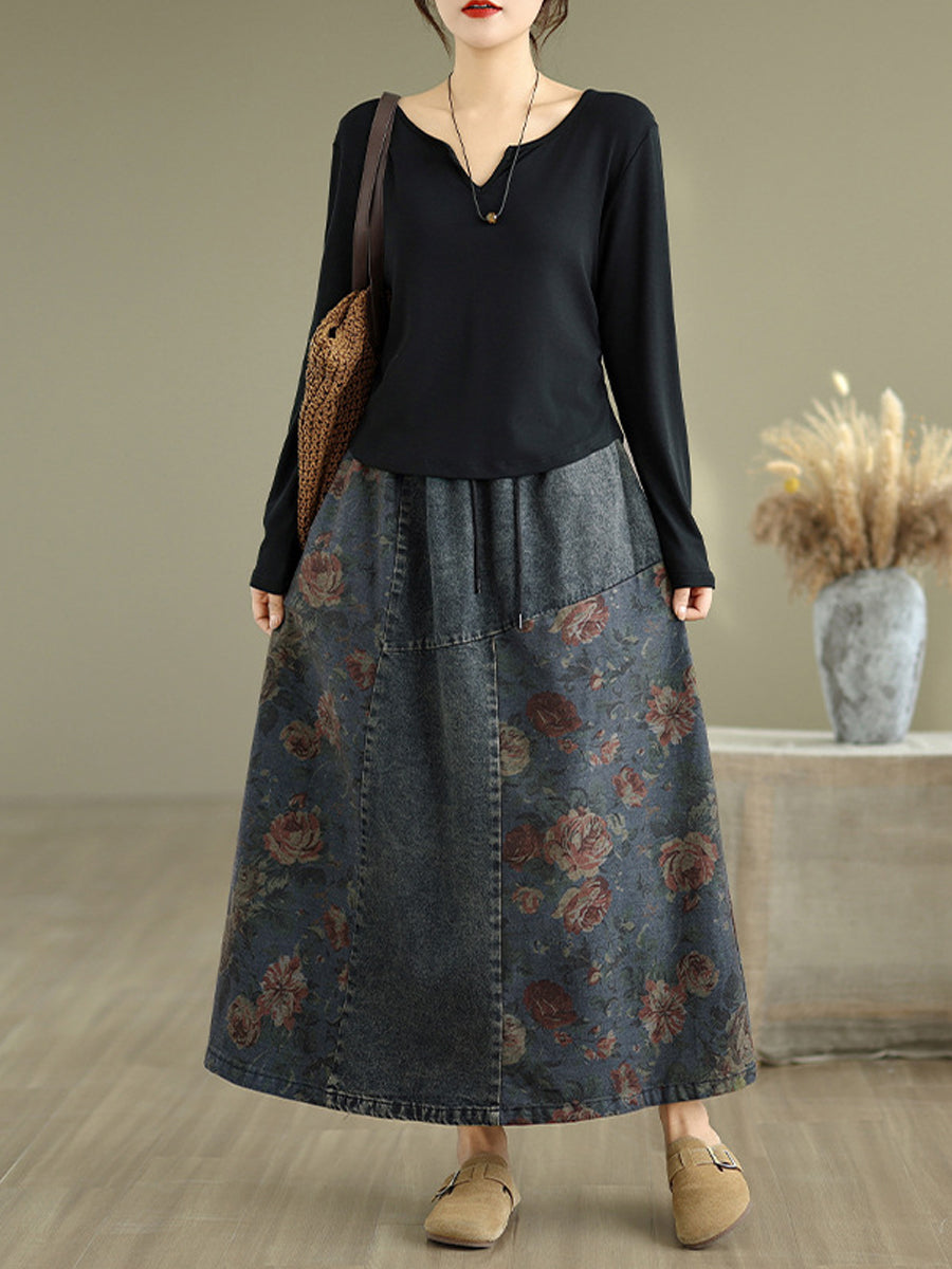Women Retro Flower Washed Denim Spliced A-Shape Skirt