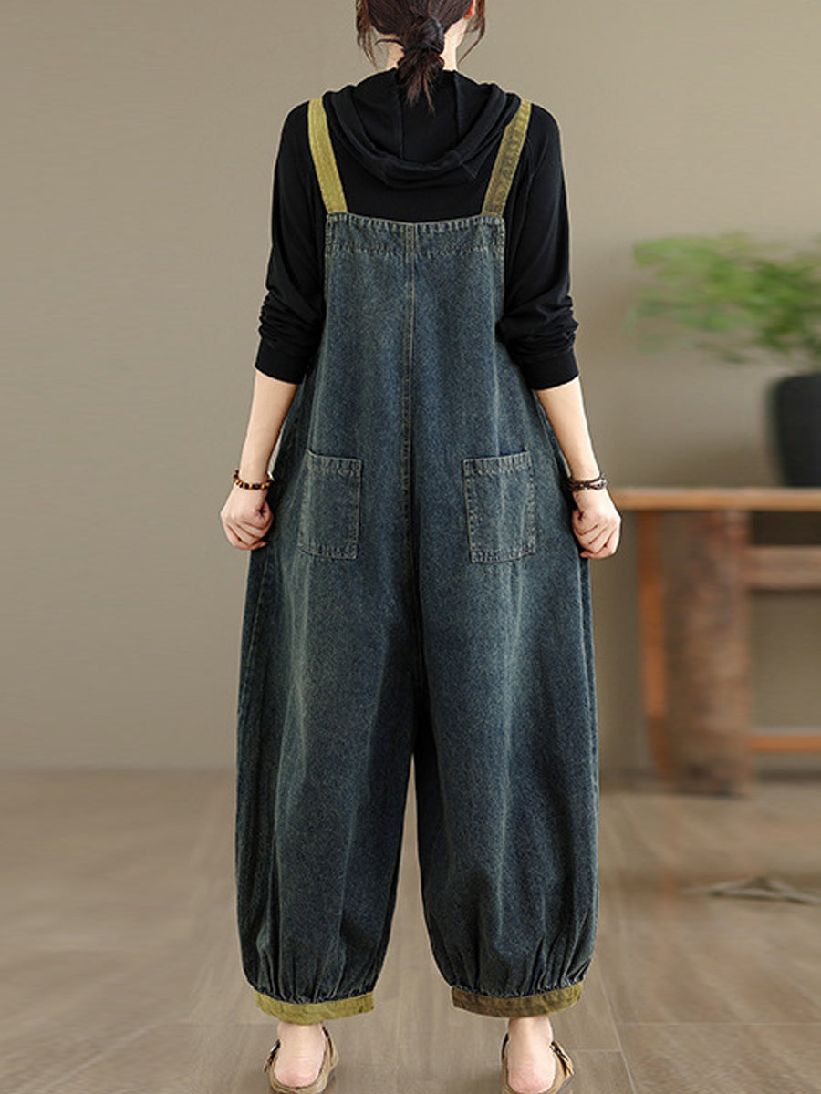 Women Autumn Artsy Colorblock Denim Jumpsuits