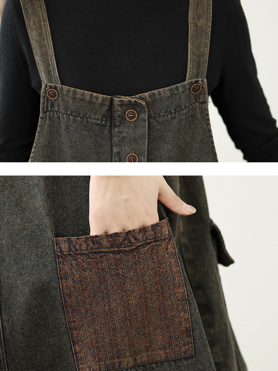 Women Autumn Retro Denim Spliced Jumpsuits