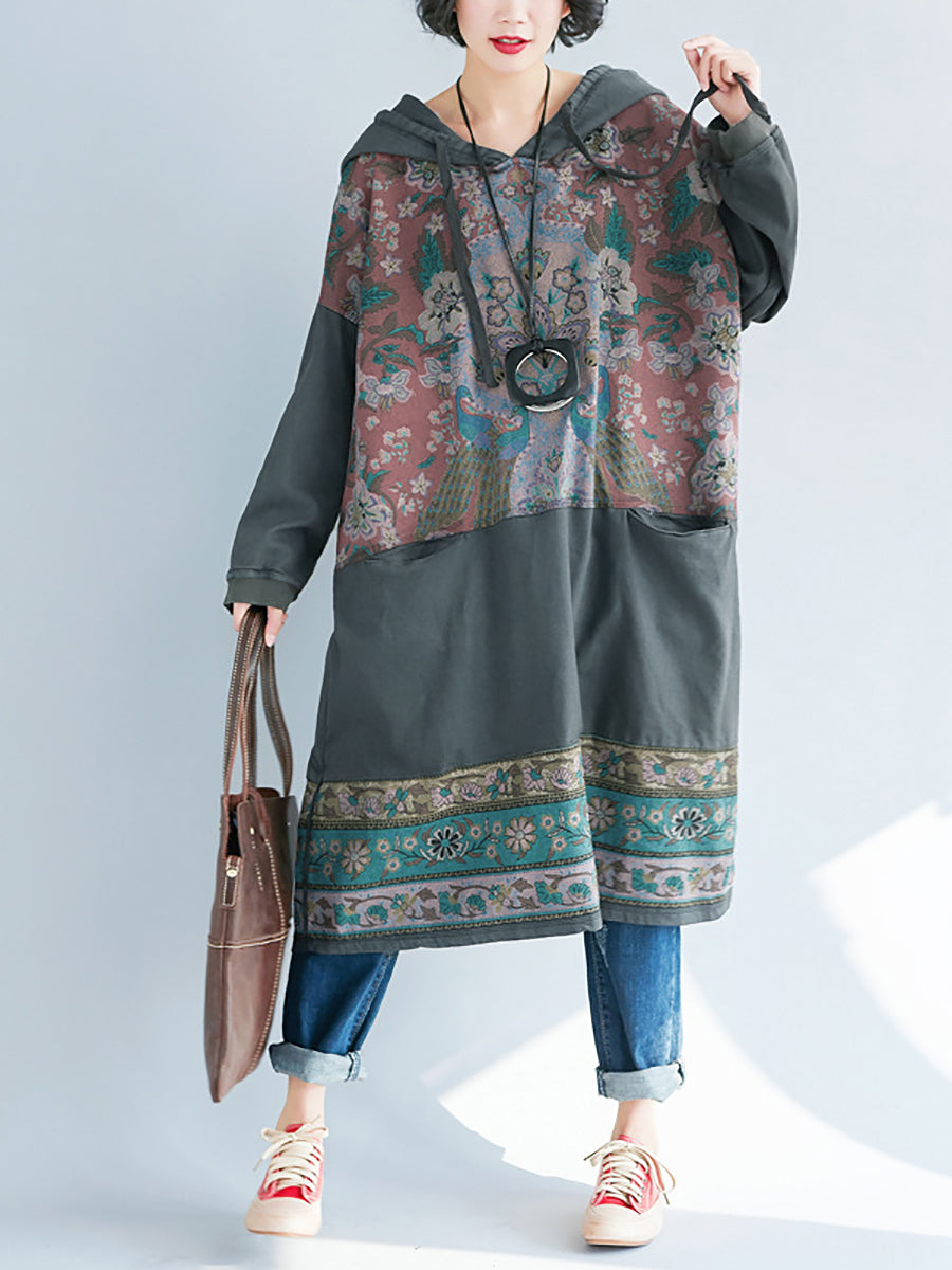 Women Ethnic Flower Spliced Long Pocket Hooded Dress