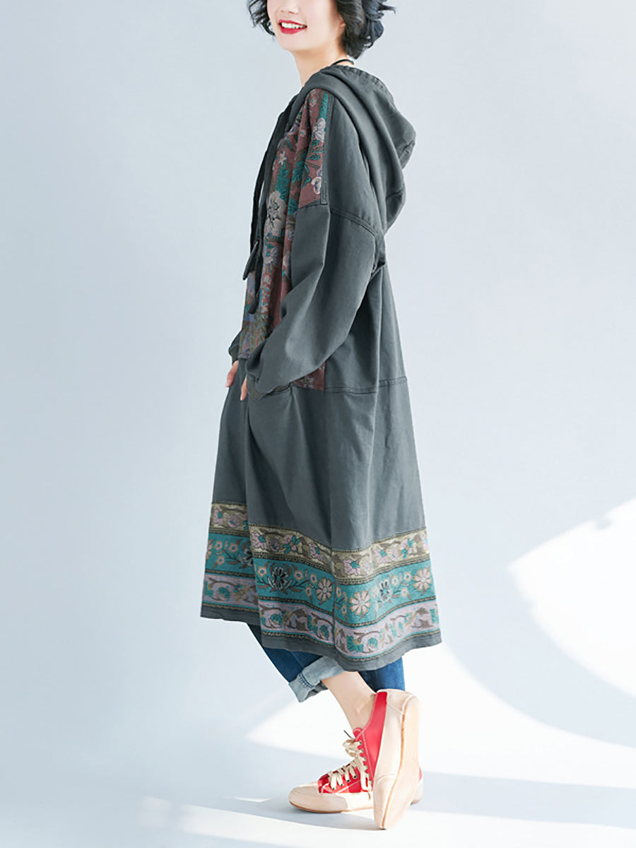 Women Ethnic Flower Spliced Long Pocket Hooded Dress