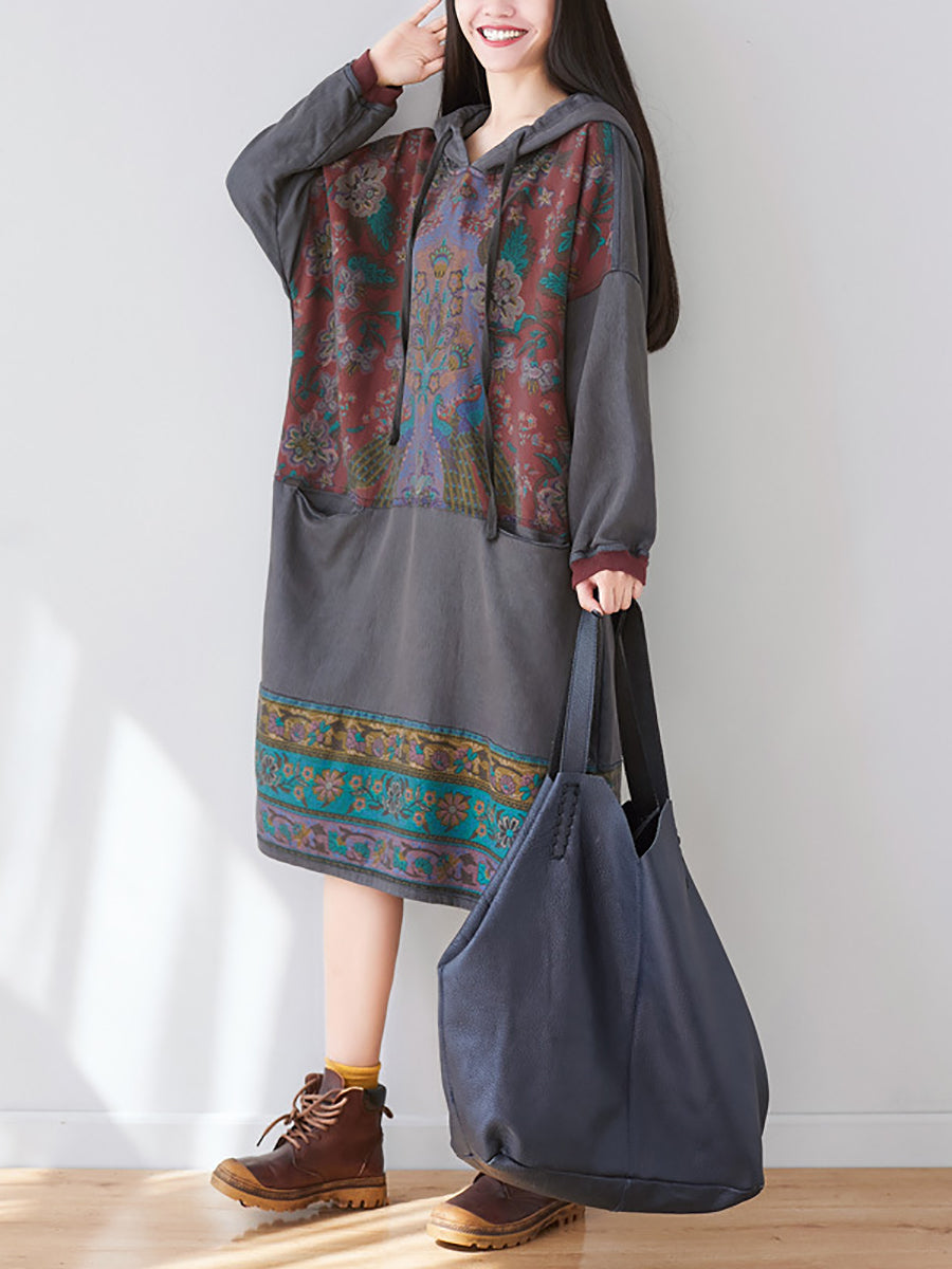 Women Ethnic Flower Spliced Long Pocket Hooded Dress