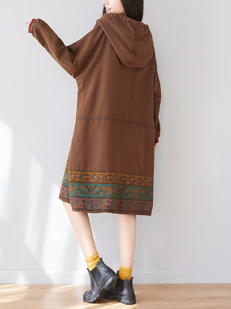 Women Ethnic Flower Spliced Long Pocket Hooded Dress