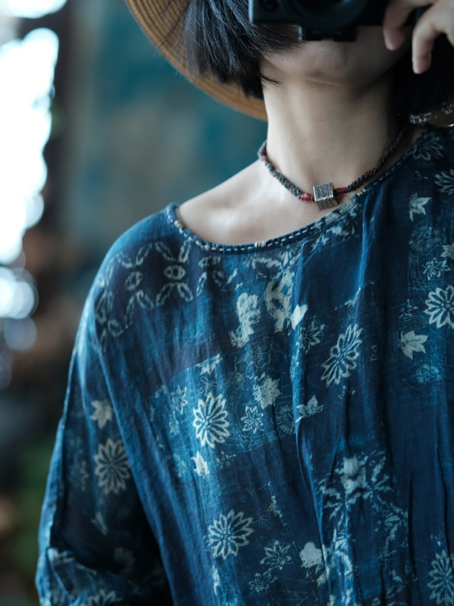 Women Spring Vintage Flower Loose Ramie Dress