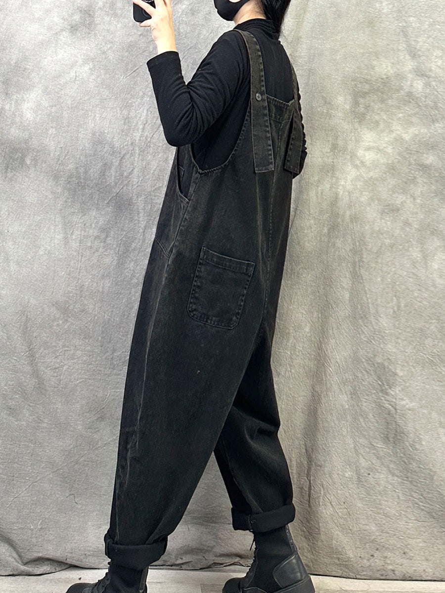 Plus Size Women Spring Retro Pure Color Loose Jumpsuits