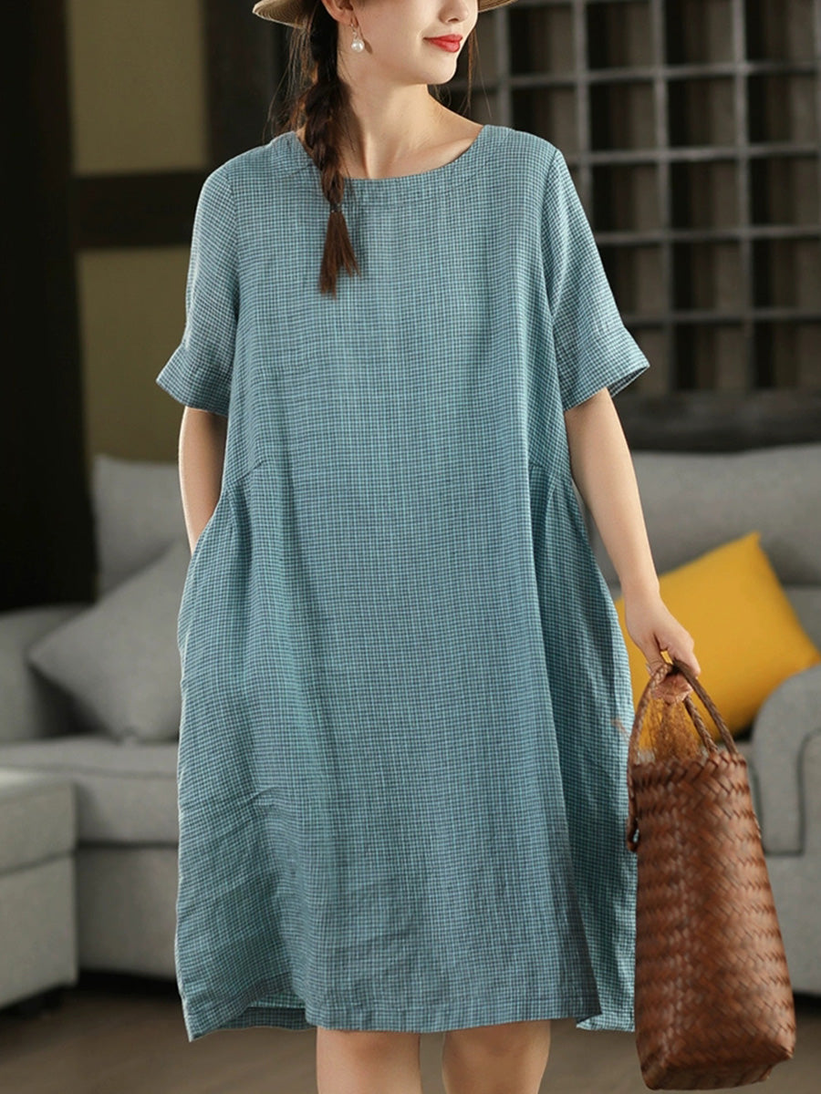Women Summer Vintage Plaid O-Neck 100%Linen Dress