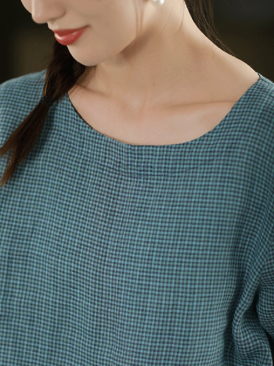 Women Summer Vintage Plaid O-Neck 100%Linen Dress