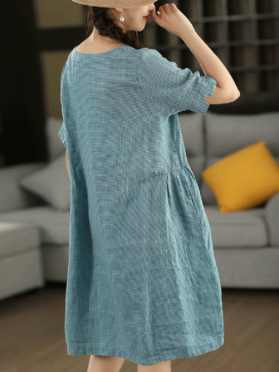 Women Summer Vintage Plaid O-Neck 100%Linen Dress