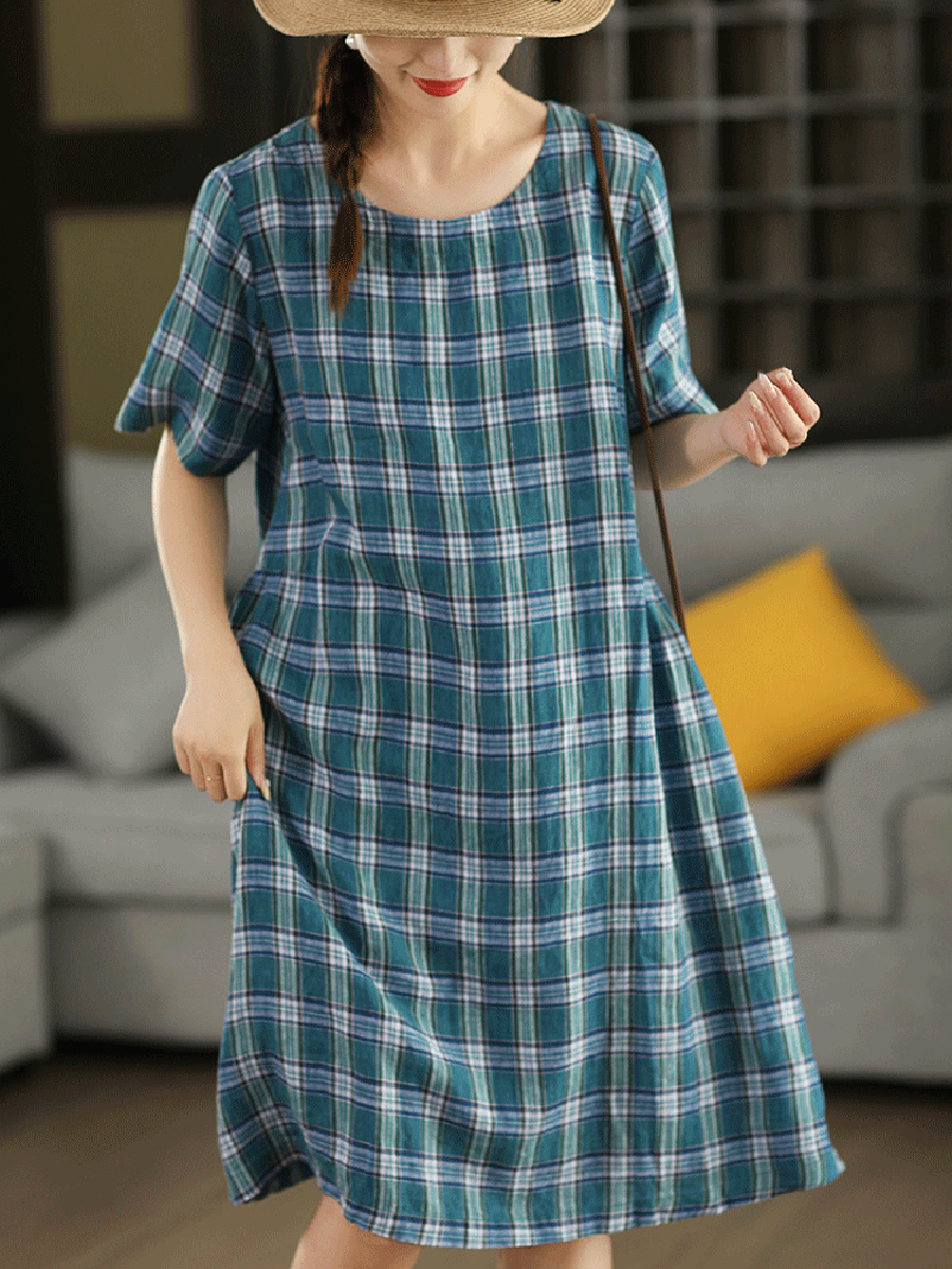 Women Summer Vintage Plaid O-Neck 100%Linen Dress