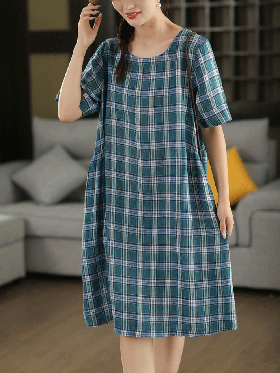 Women Summer Vintage Plaid O-Neck 100%Linen Dress