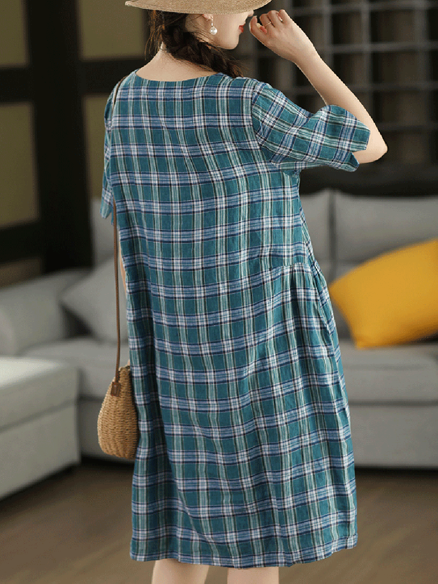 Women Summer Vintage Plaid O-Neck 100%Linen Dress
