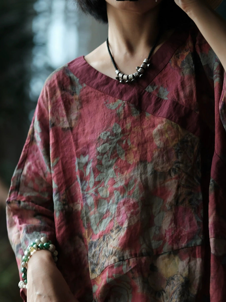 Women Summer Vintage Flower Ramie V-Neck Dress