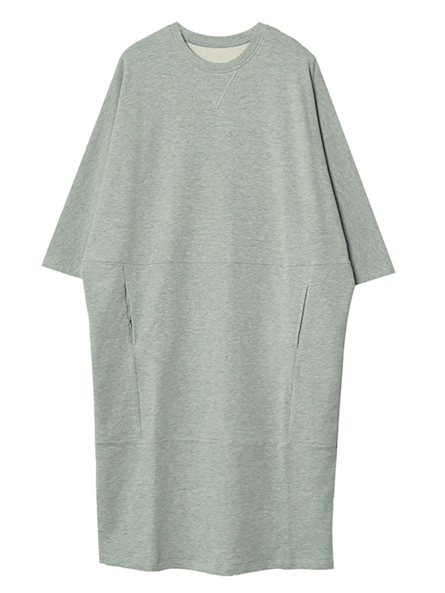 Plus Size Women Autumn Casual Pure Color O-Neck Cotton Dress