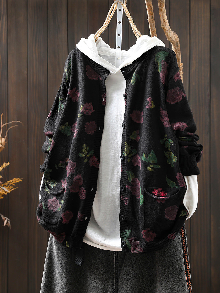 Women Autumn Artsy Flower Knitted O-Neck Sweater