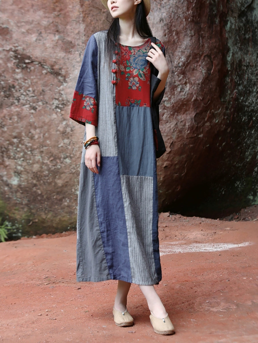 Women Ethnic Patchwork O-Neck Linen Cotton Maxi Dress
