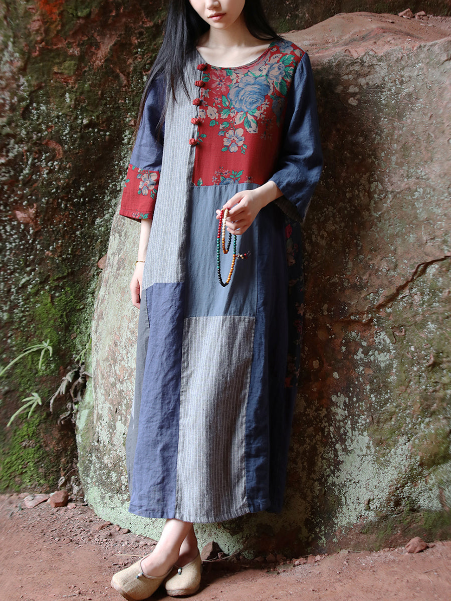 Women Ethnic Patchwork O-Neck Linen Cotton Maxi Dress