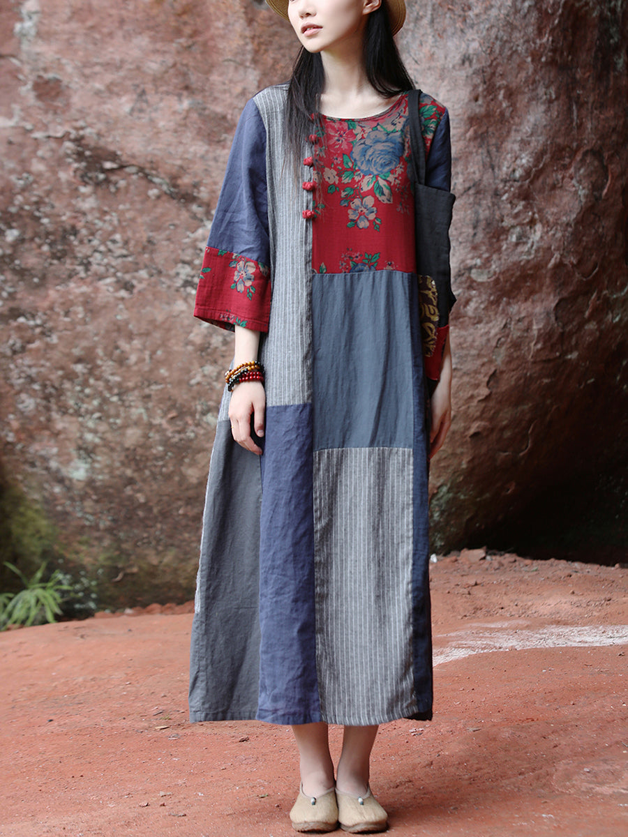 Women Ethnic Patchwork O-Neck Linen Cotton Maxi Dress