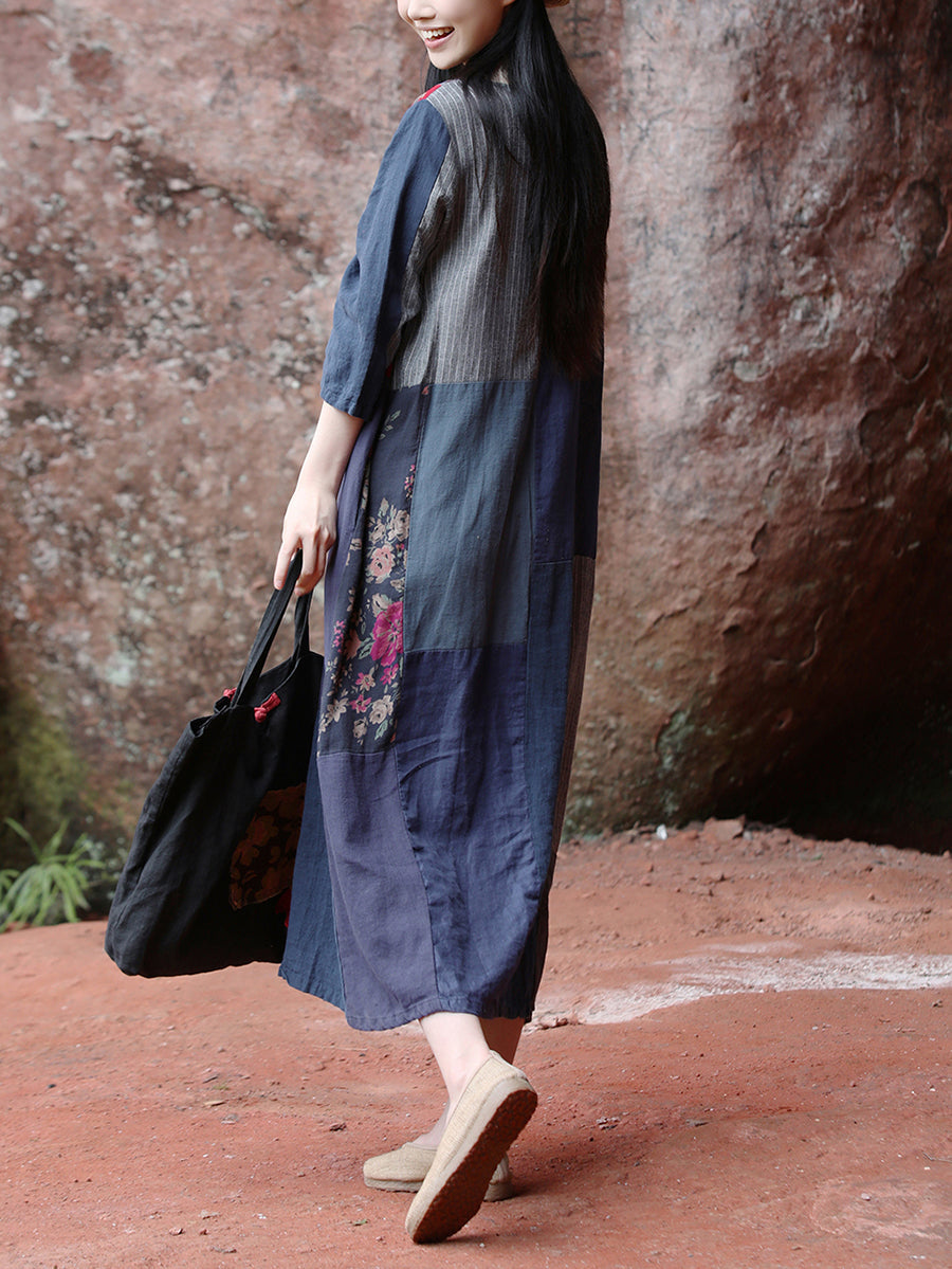 Women Ethnic Patchwork O-Neck Linen Cotton Maxi Dress