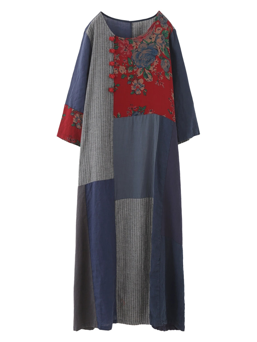 Women Ethnic Patchwork O-Neck Linen Cotton Maxi Dress