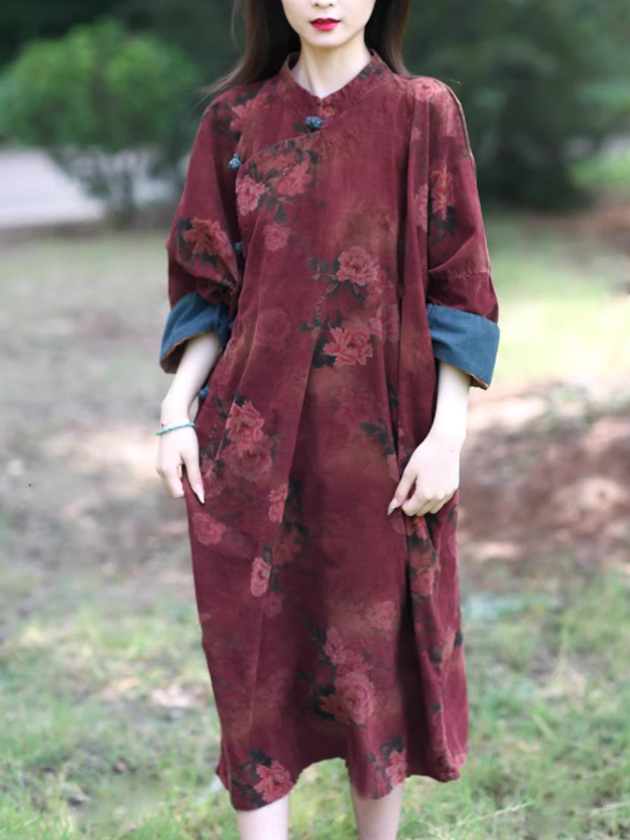 Women Summer Ethnic Flower Stand Collar Robe Dress