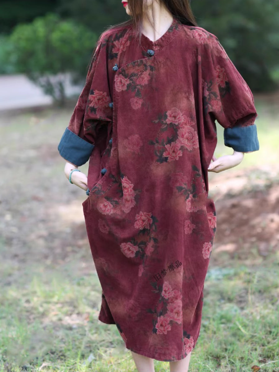 Women Summer Ethnic Flower Stand Collar Robe Dress
