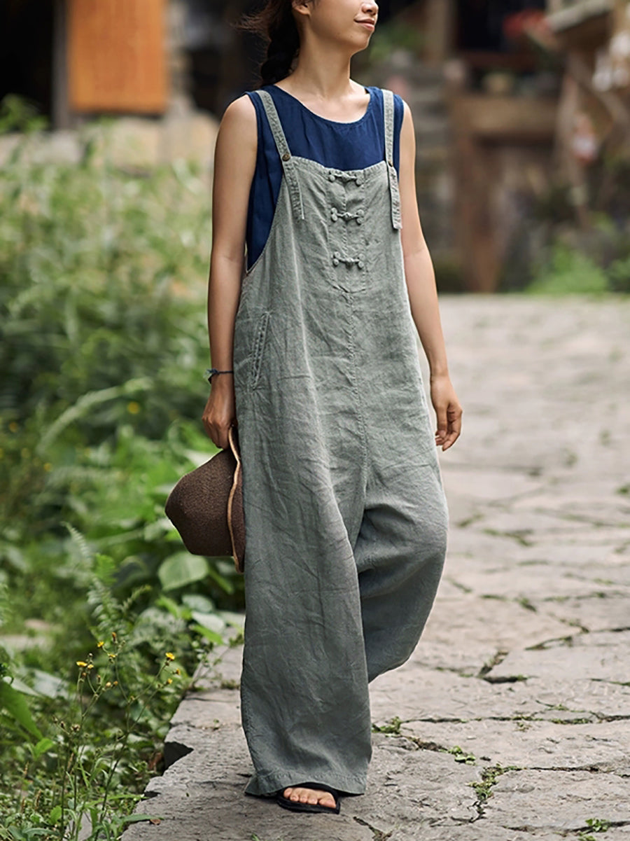 Plus Size Women Summer Retro Pure Color Jumpsuits