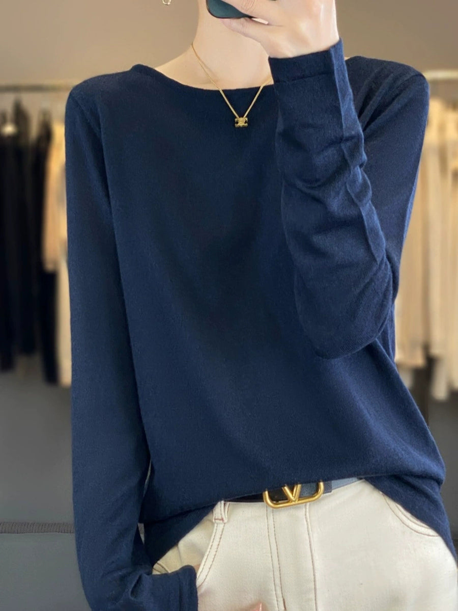 Women Autumn Casual Pure Color O-Neck Knit Sweater