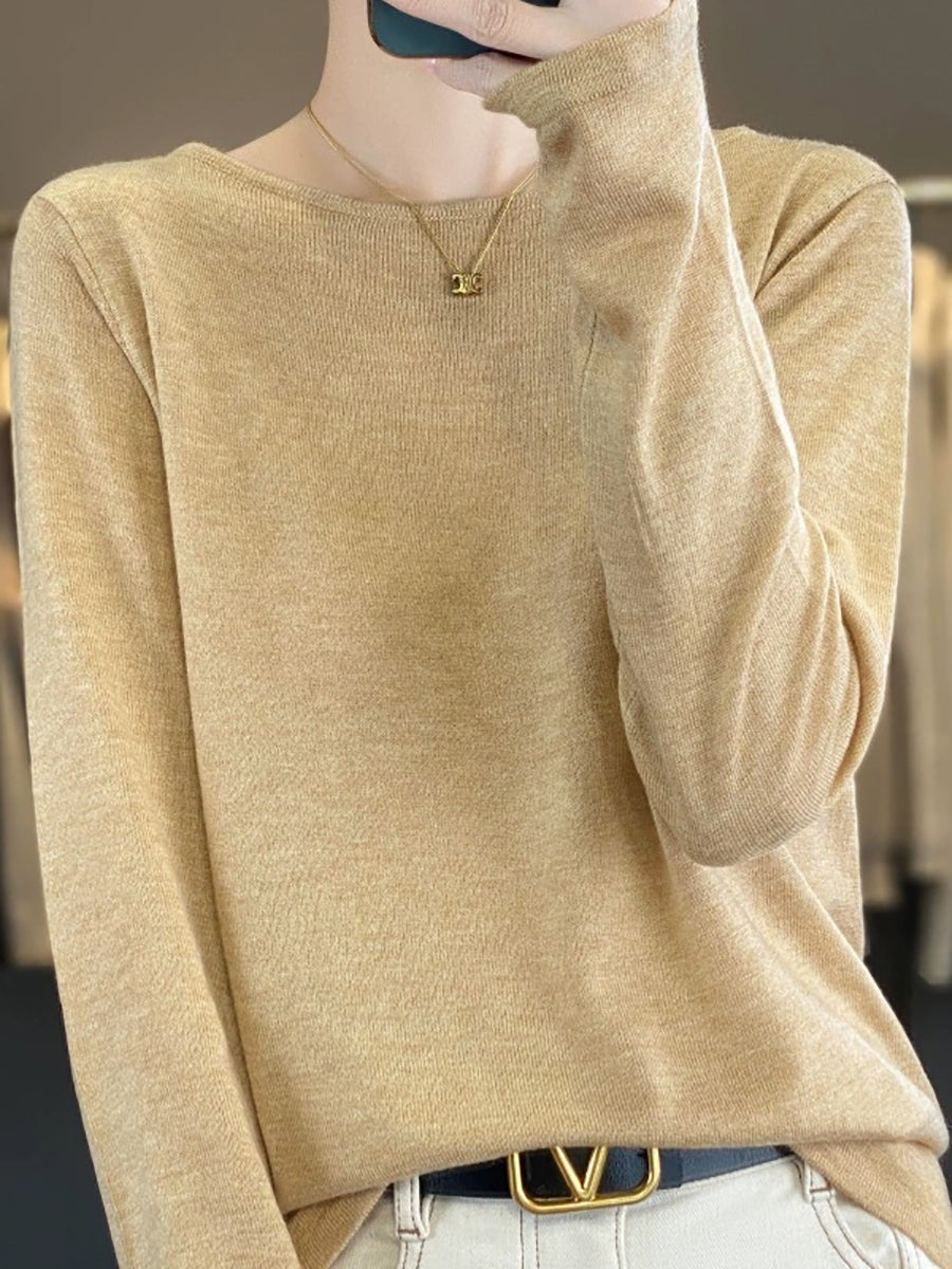 Women Autumn Casual Pure Color O-Neck Knit Sweater