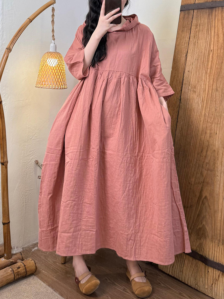 Women Summer Casual Pure Color Hooded Cotton Dress