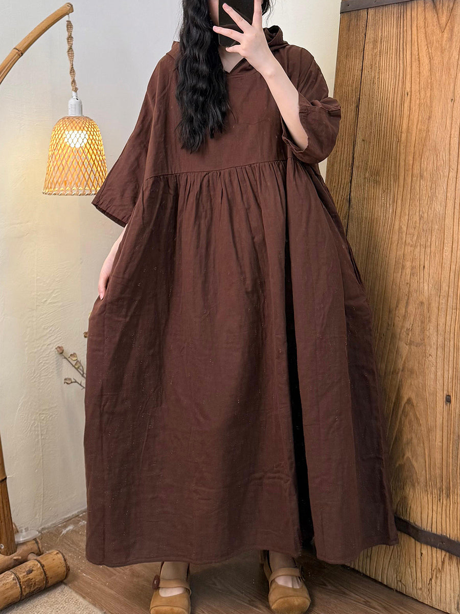 Women Summer Casual Pure Color Hooded Cotton Dress