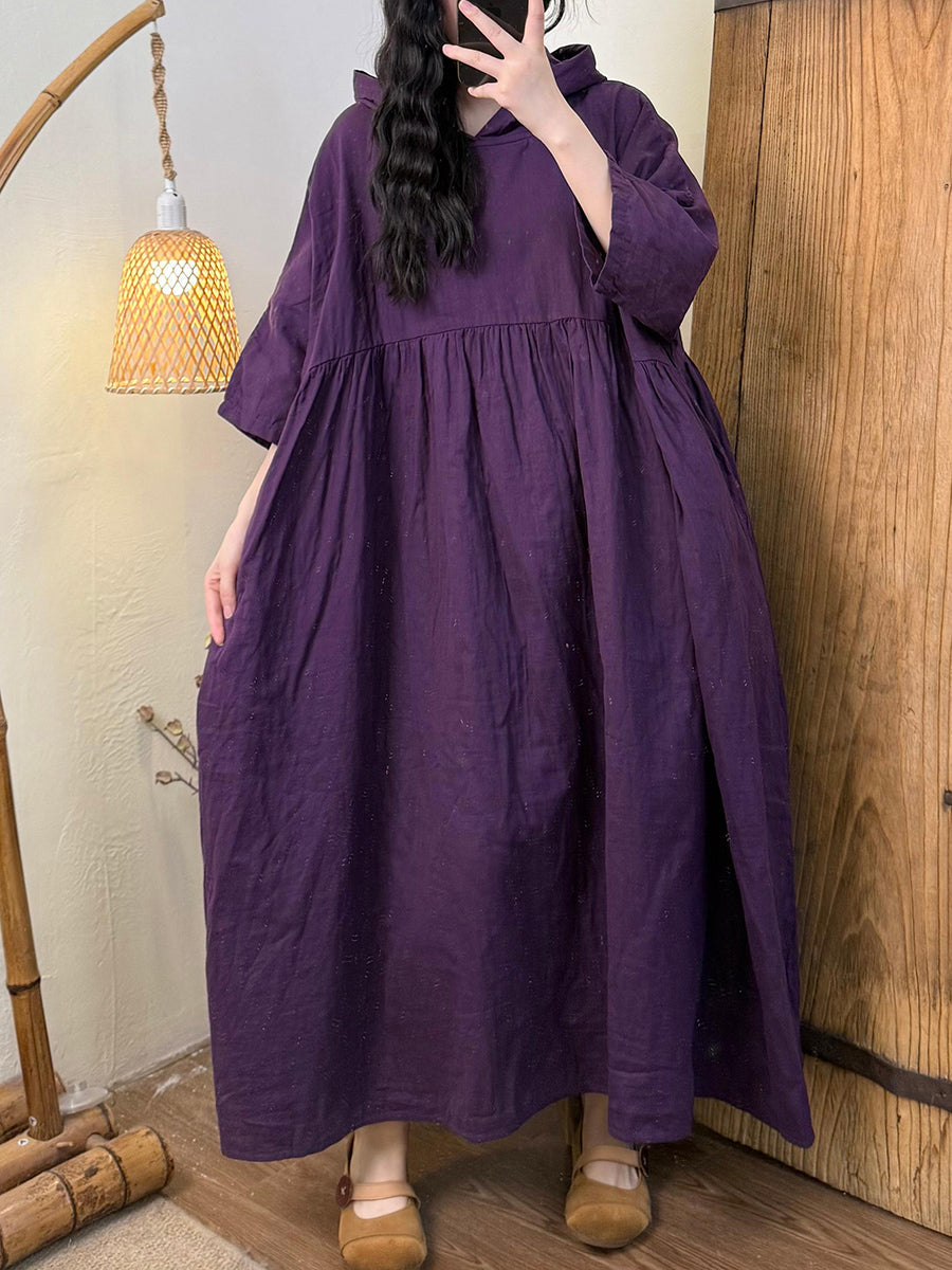 Women Summer Casual Pure Color Hooded Cotton Dress