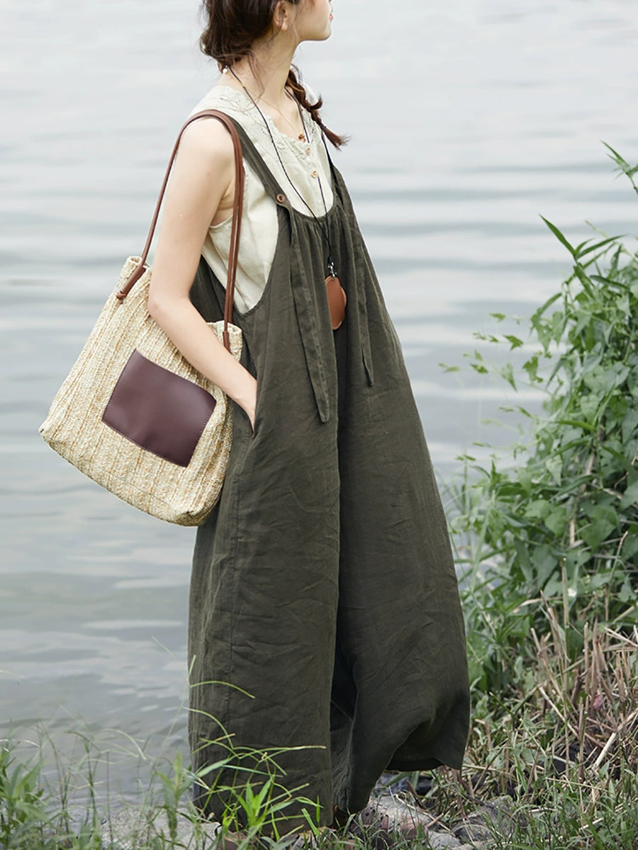 Plus Size Women Summer Retro Pure Color 100%Linen Jumpsuits