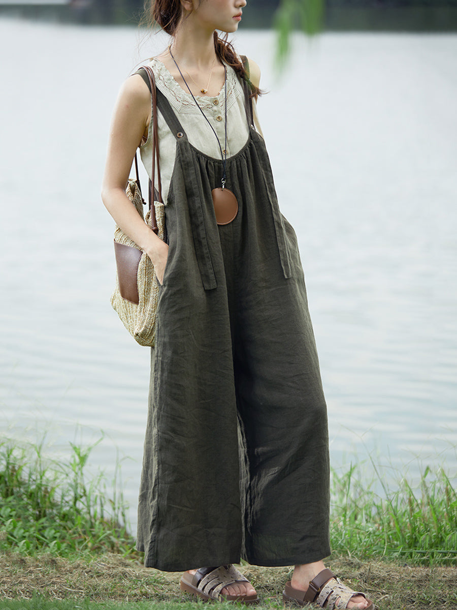 Plus Size Women Summer Retro Pure Color 100%Linen Jumpsuits