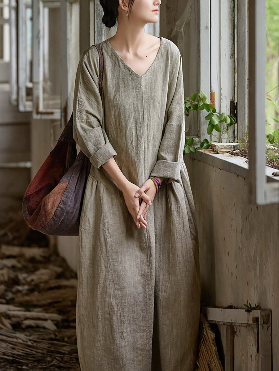 Women Summer Retro Pure Color V-Neck Ramie Dress