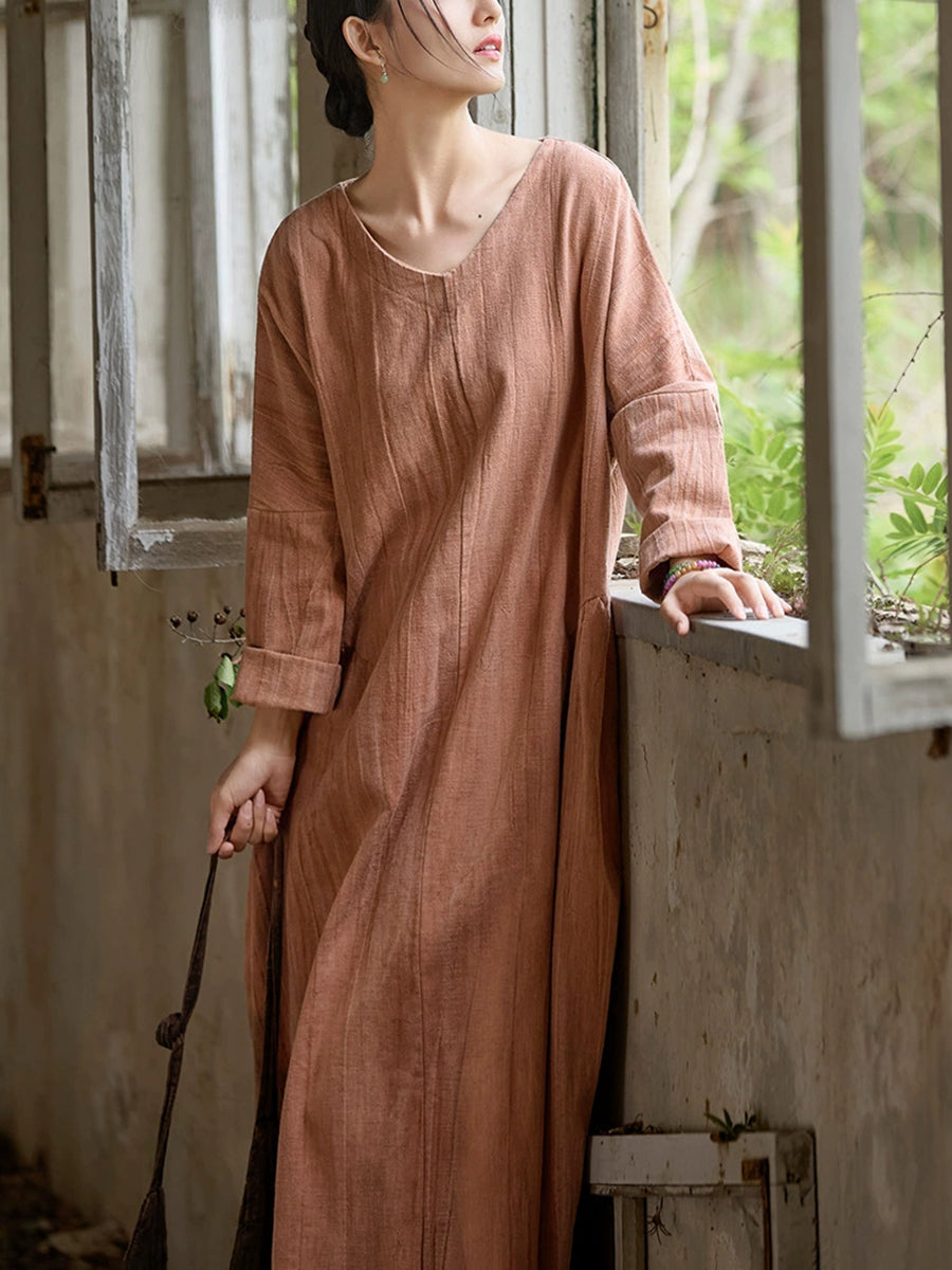 Women Summer Retro Pure Color V-Neck Ramie Dress