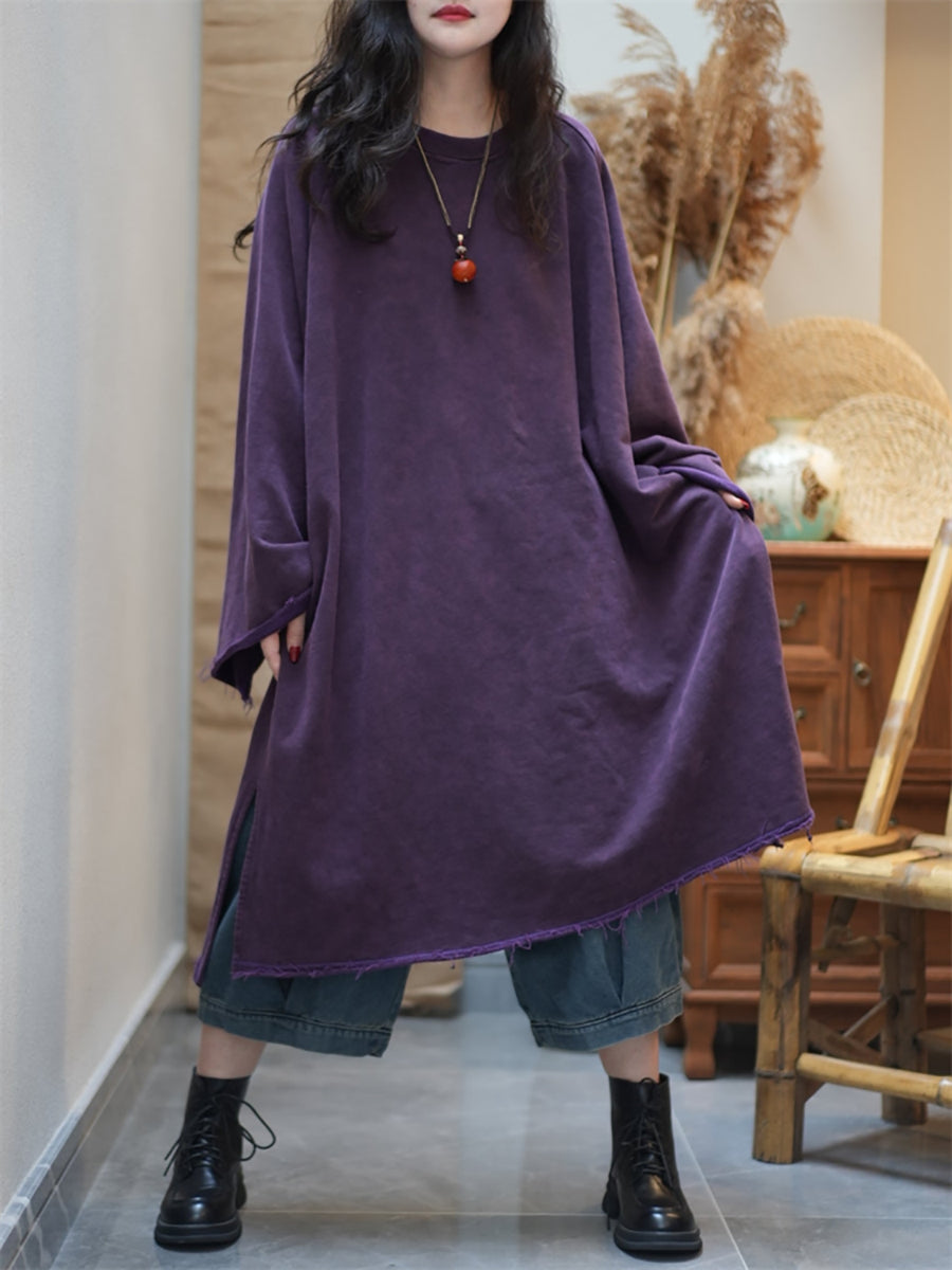 Women Summer Retro Pure Color O-Neck Cotton Dress