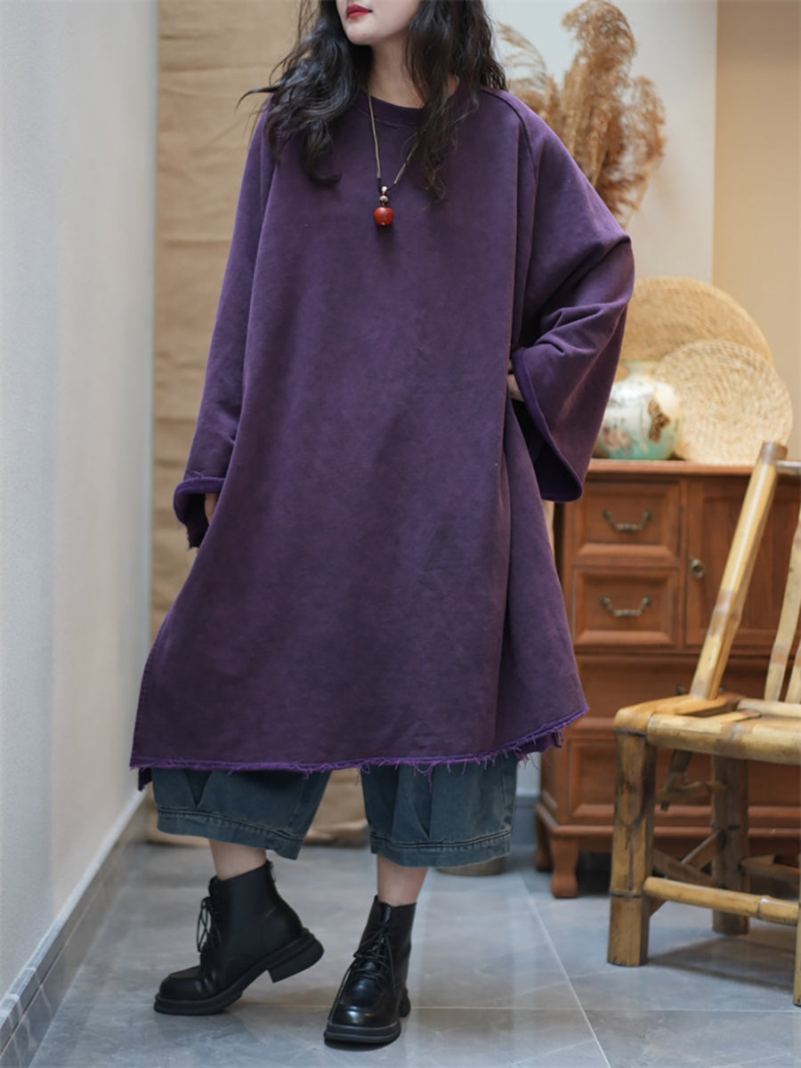 Women Summer Retro Pure Color O-Neck Cotton Dress