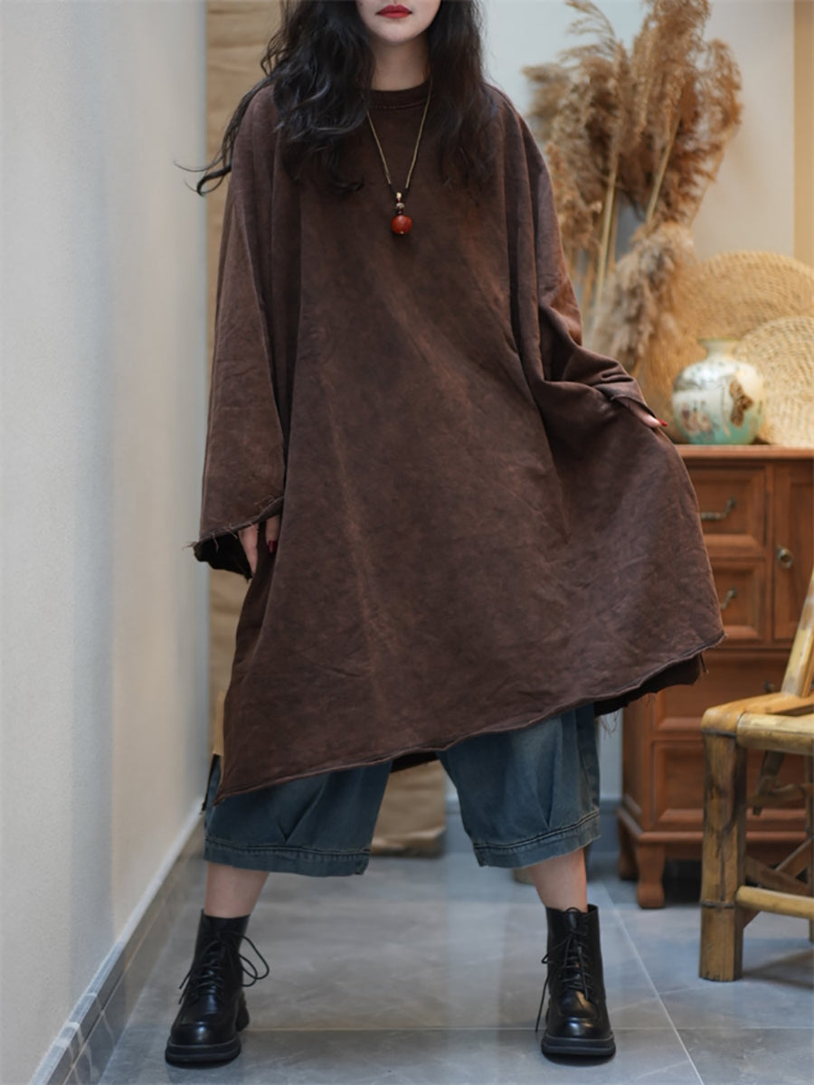 Women Summer Retro Pure Color O-Neck Cotton Dress