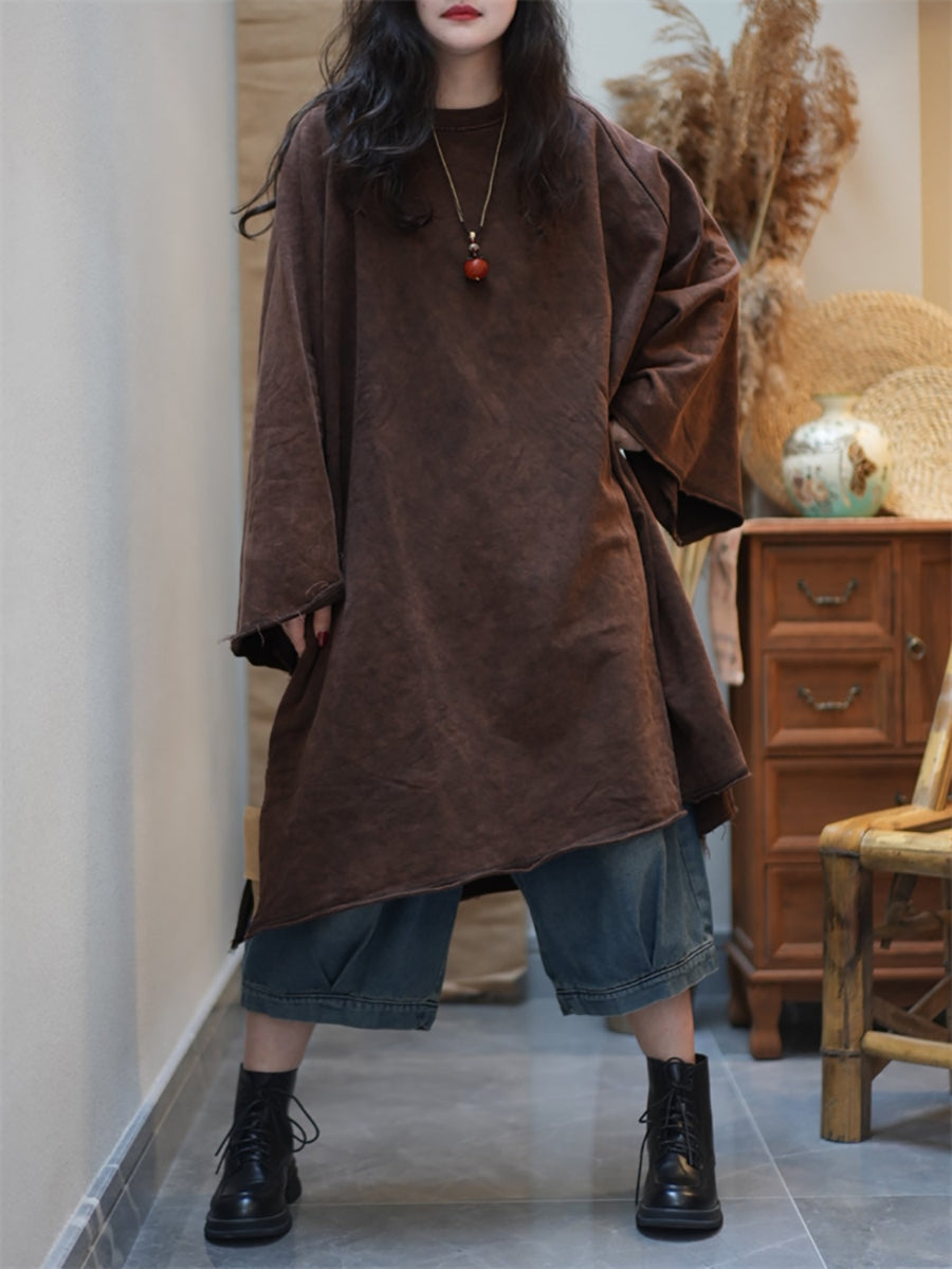 Women Summer Retro Pure Color O-Neck Cotton Dress