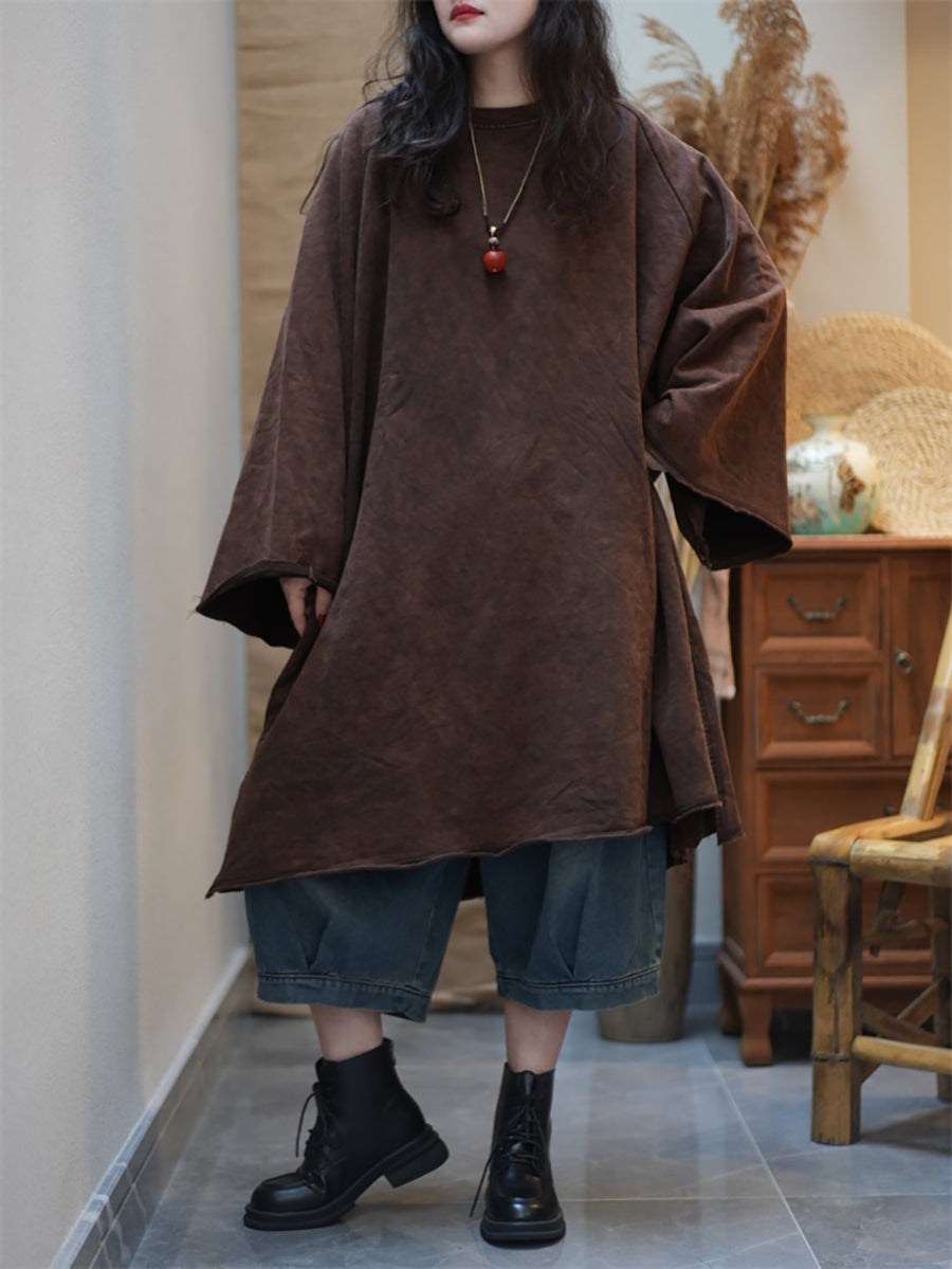 Women Summer Retro Pure Color O-Neck Cotton Dress