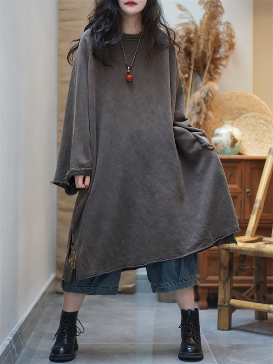 Women Summer Retro Pure Color O-Neck Cotton Dress