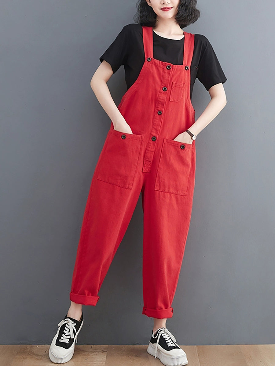 Women Summer Retro Pure Color Cotton Jumpsuits