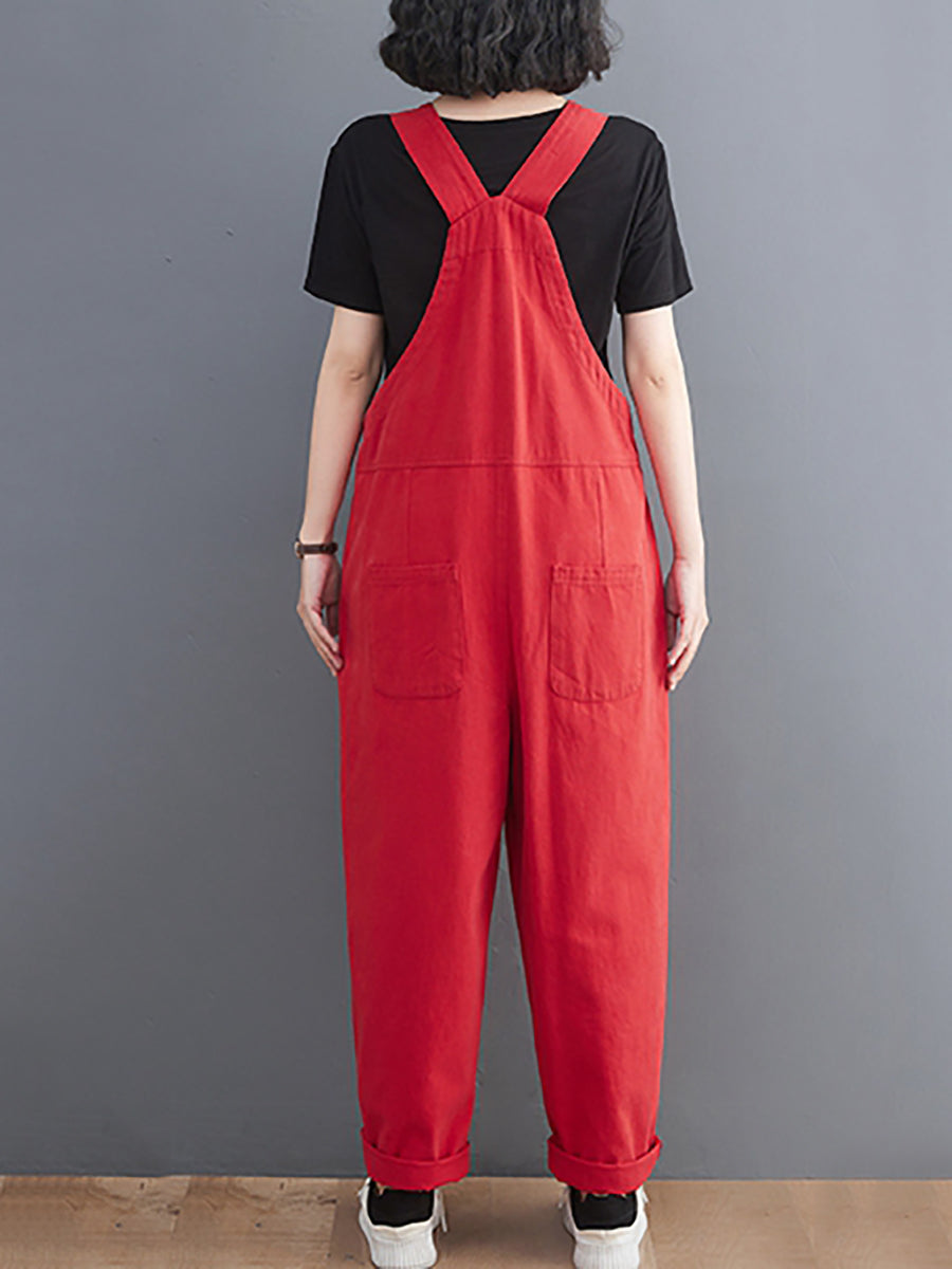 Women Summer Retro Pure Color Cotton Jumpsuits