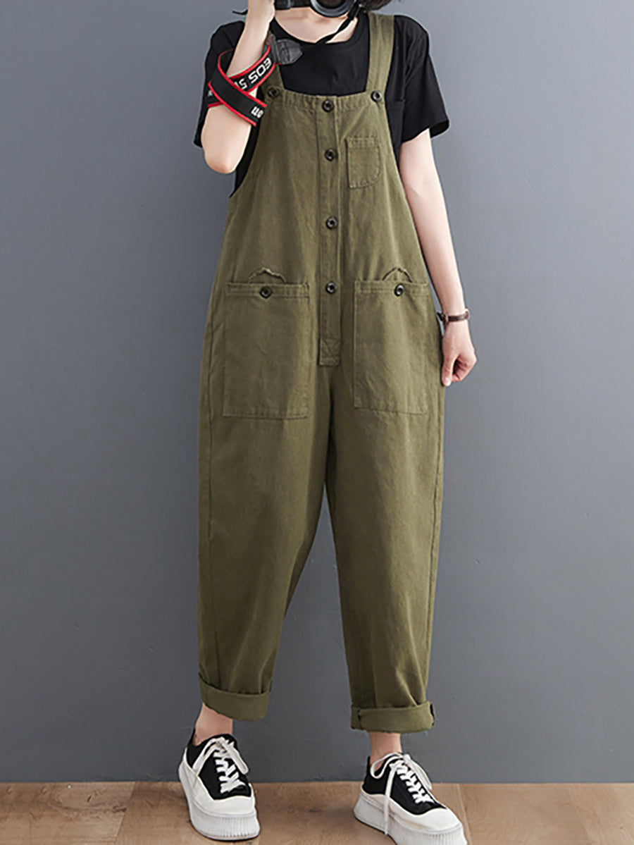 Women Summer Retro Pure Color Cotton Jumpsuits