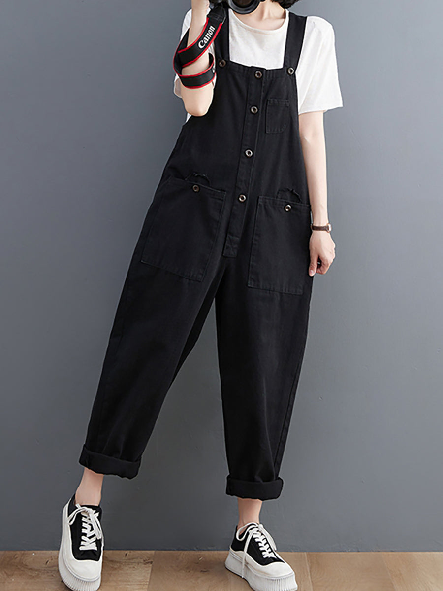 Women Summer Retro Pure Color Cotton Jumpsuits